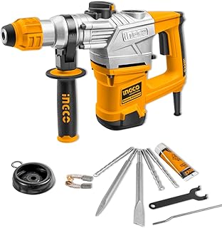 Ingco Rotary Hammer SDS-Plus Chuck Heavy Duty Rotary 5J with Vibration Control Hammer Drill, 1250W | 3800bpm, 3 drills and 2 chisels with Case, Yellow, Black