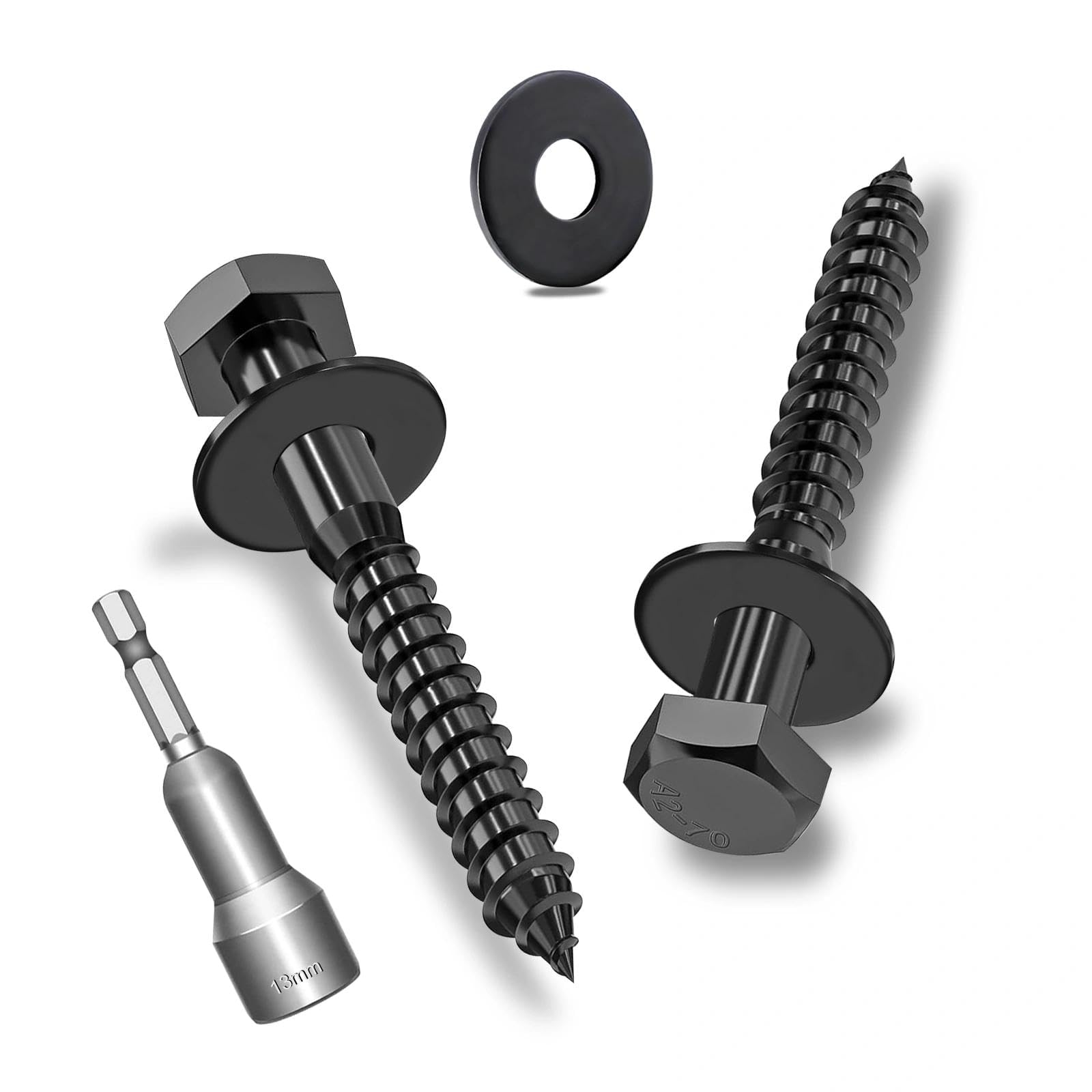 Ezitruz 12Pcs M8x50mm Coach Screws, Heavy Duty Lag Bolts, Hex Head Wood Screws 50mm, 304 Stainless Steel with Black Zinc Plating, Kit with Washers and Hex Socket Drill Bit