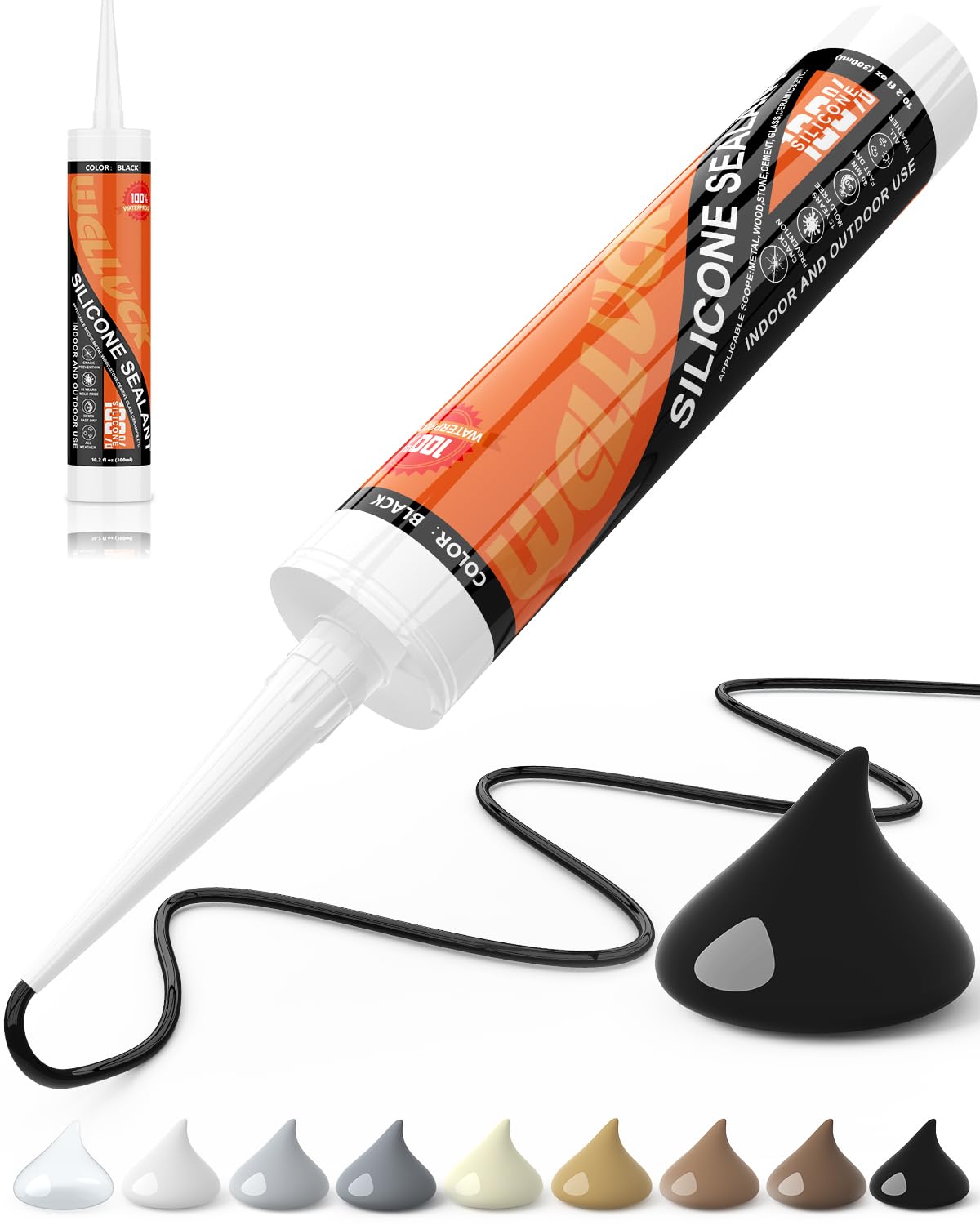 WELLUCK Black Silicone Caulk, 100% Waterproof Silicone Sealant Adhesive Caulking,for RV, Kitchen,Bathroom, Window, Door, Glass, Auto Leak Sealing 10.2FL.OZ/300ML（1 Pack）
