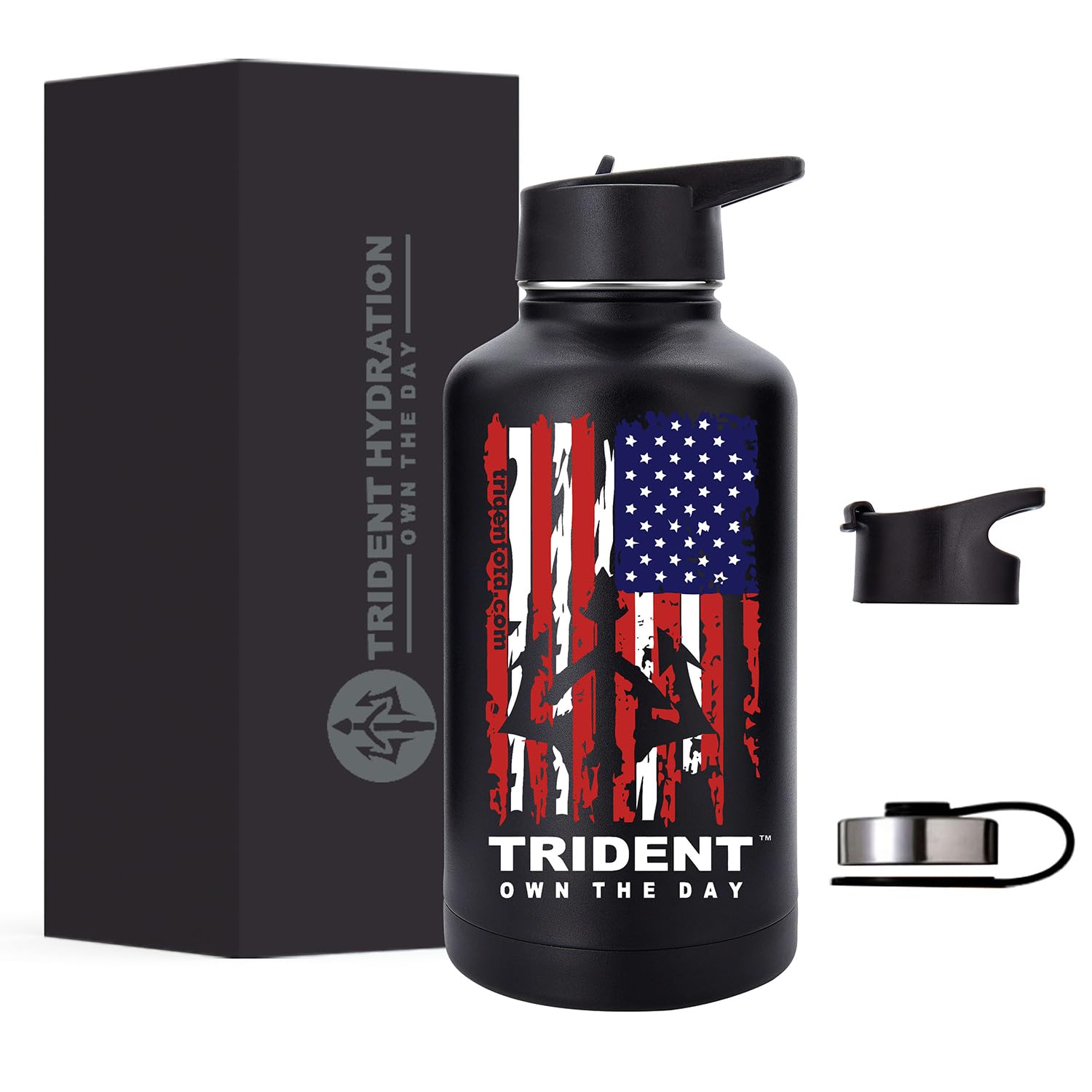 American Flag 64 oz Water Bottle, Reusable Water Bottle with Straw, Leak Proof Water Bottles, 64oz Insulated Water Bottle, Thermos Water Bottle - Retired Navy Combat Vet Small Business (Black, 64 Oz)