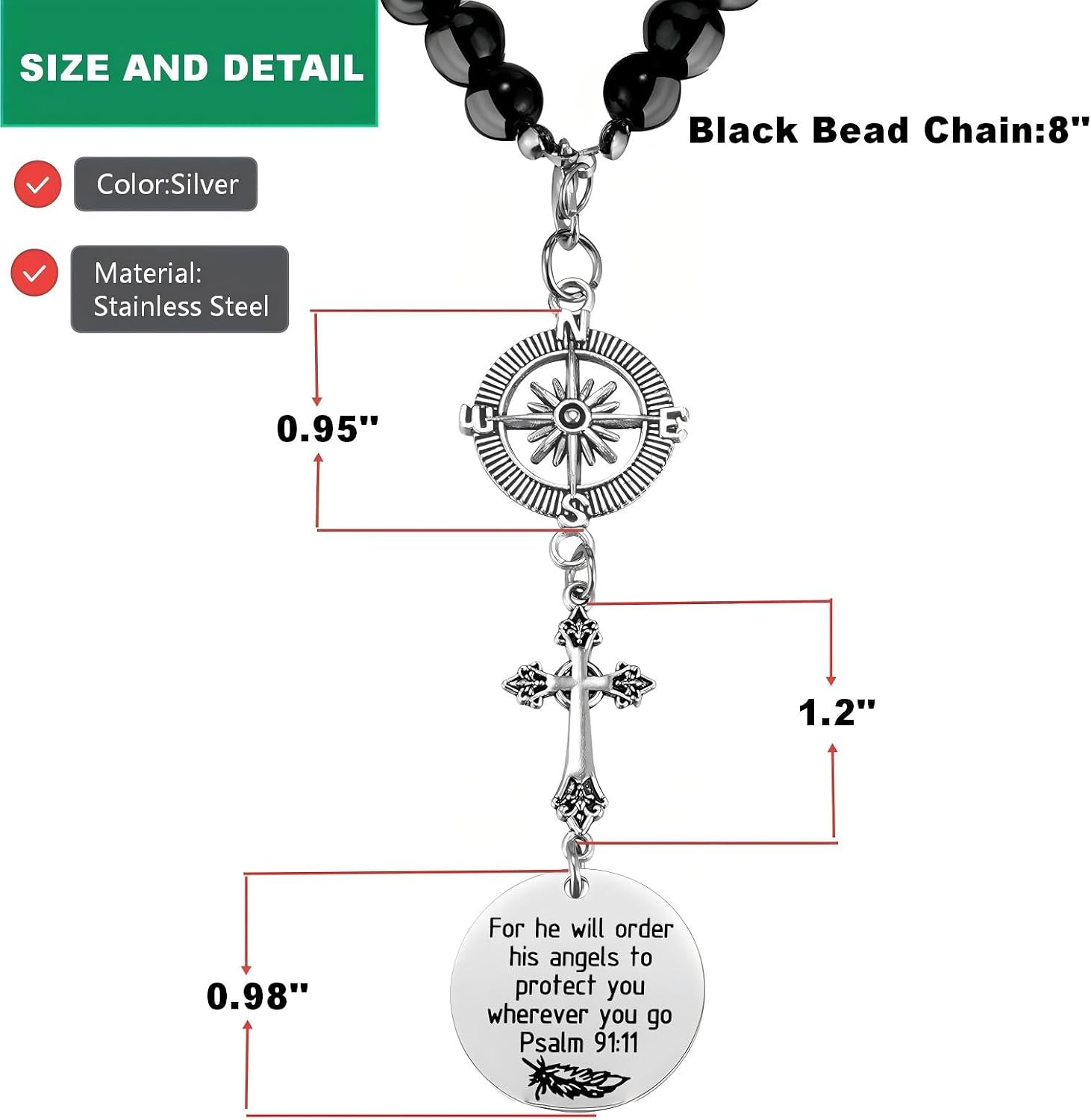 BVB Cross Car Charm for Rear View Mirror: Guardian Angel Protection Psalm 91:11 Bible Verse, Stainless Steel Religious Christian Car Hanging Accessories, Angel Gifts for Women & Teen Drivers