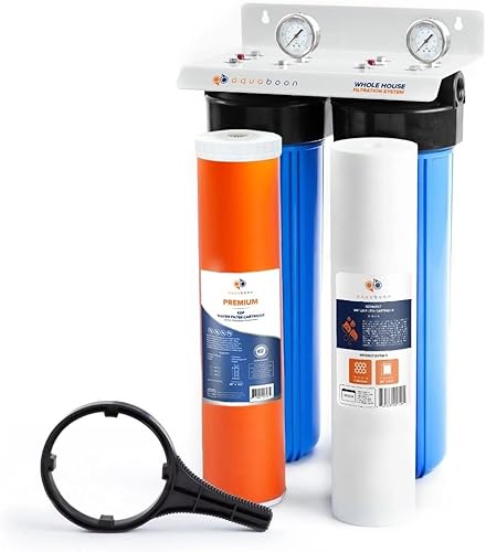 Miniatura 15 de Aquaboon Sistema de filtro de agua de 2 etapas para toda la casa con filtros KDF de 20 x 4.5, antiescala, manómetros y liberación, llave, soporte de