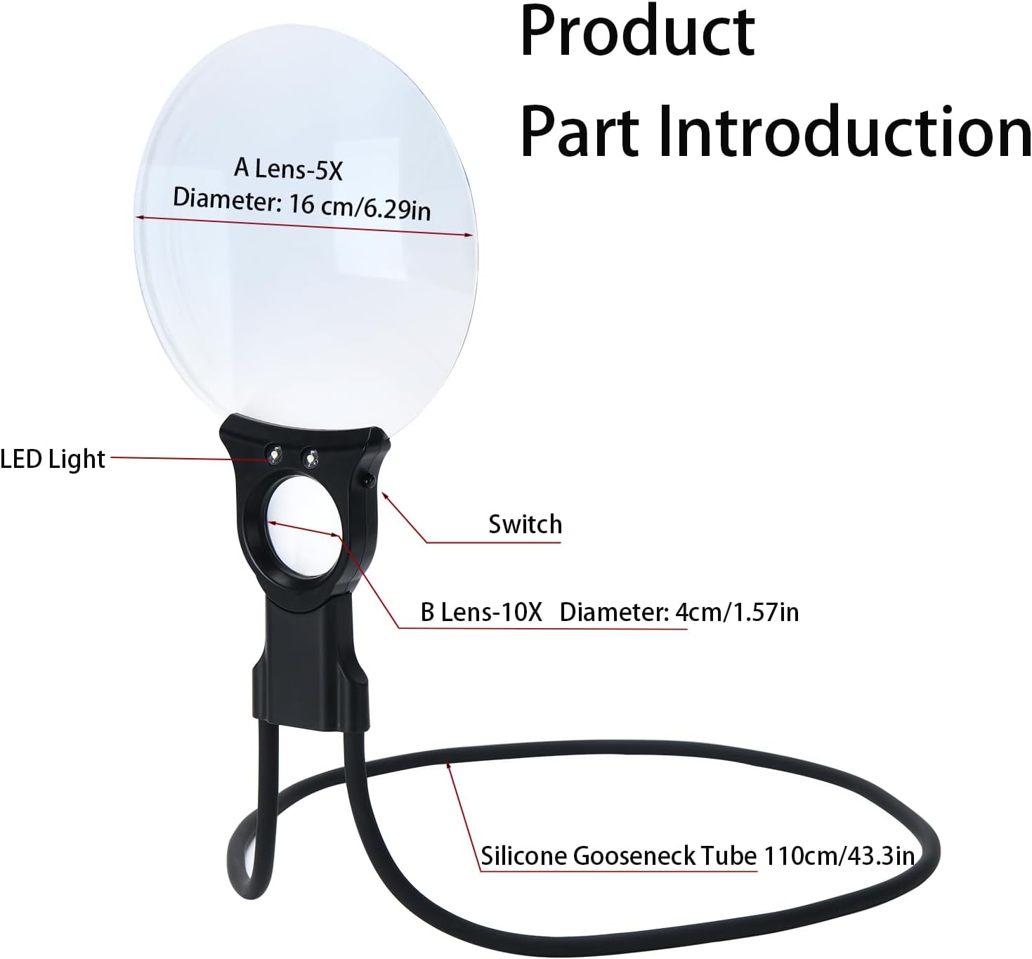 5X 10X Hands Free Magnifying Glass with Light for Close Work, Neck Wear Magnifier for Reading Book, Sewing, Knitting, Repairing, Cross Stitch, Crafts, Lighted Loupe for Seniors Low Vision