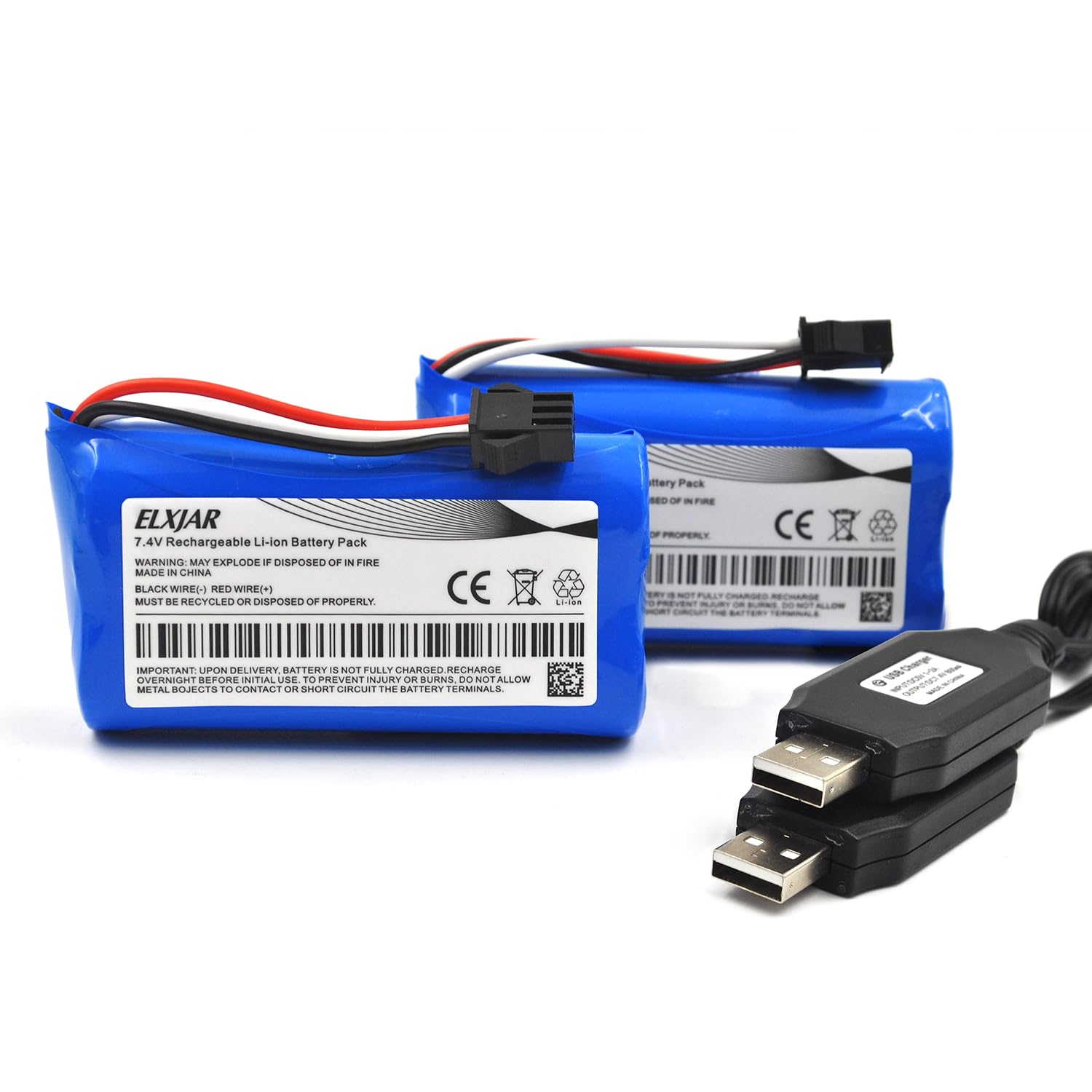 Coonyard (2-Pack) 7.4V 1500mAh Li-ion Battery Replacement for RC Car Huina 1575, DEERC D60, Stunt Watch, Off-Road Clamping Vehicle with SM-3P Plug and USB Charging Cable