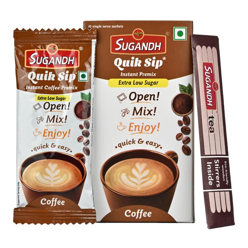 Image of Sugandh Quik Sip Instant Coffee Premix (Pack of 2) Extra Low Sugar- Single Serve Sachets - Unit Count: 2 Boxes of 10 Sachets each, Medium Roast