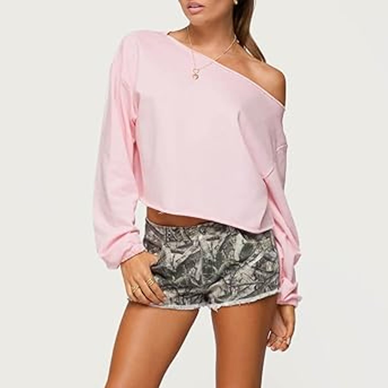 GXNRHG Las Mujeres Y2k de Gran tamaño Fuera del Hombro Crop Tops Casual Suelto Manga Larga Salir Jersey Sudadera Ropa Estética