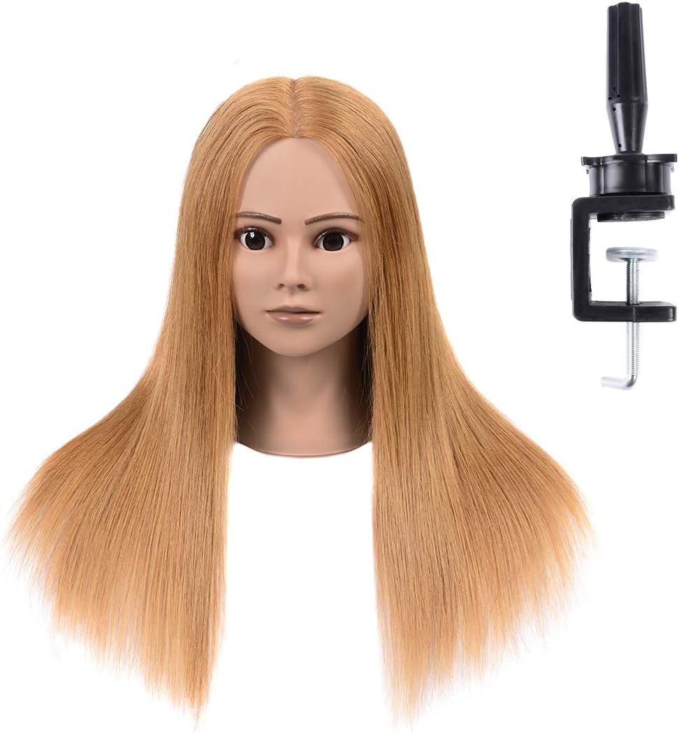 Practice Salon Mannequin Head 100% Human Hair Dummy Doll Head Human Hair Hairdressing Training Head Model with Clamp Stand Light Blonde 20"-22"(From Forehead to The Back Hair End)
