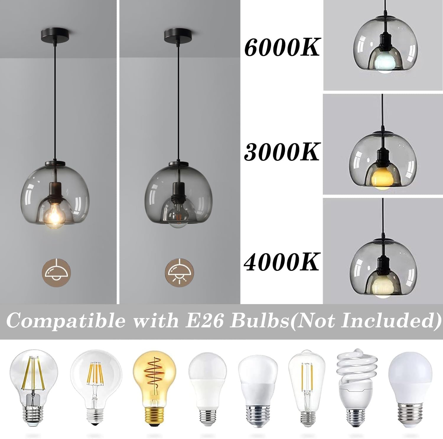 MIXL-Modern Pendant Light Kitchen Island,Smoked Glass Pendant Light Fixture,Black Globe Island Lights,Mid Century Modern Hanging Lamp for Study Room Office