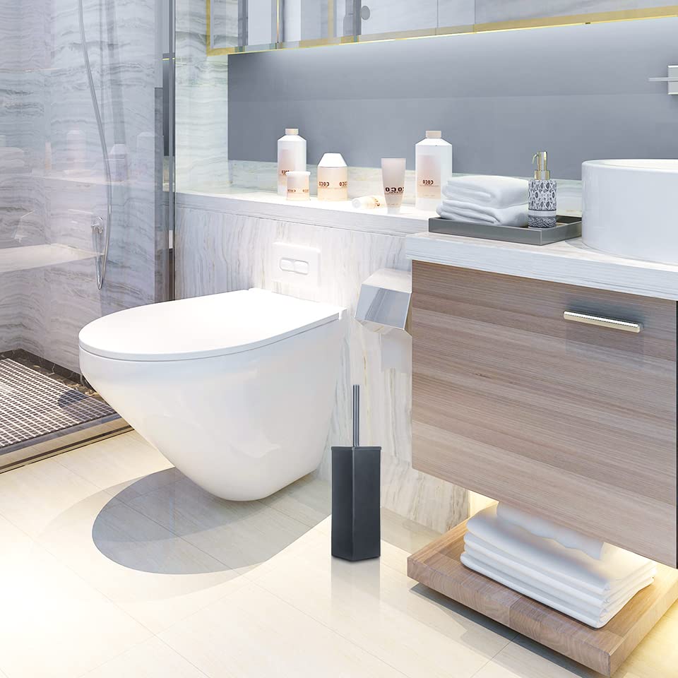 Image of DOWRY Stainless Steel Toilet Bowl Brush and Holder for Bathroom Storage Organization Cleaning, Black Freestanding Toilet Brush with Holder