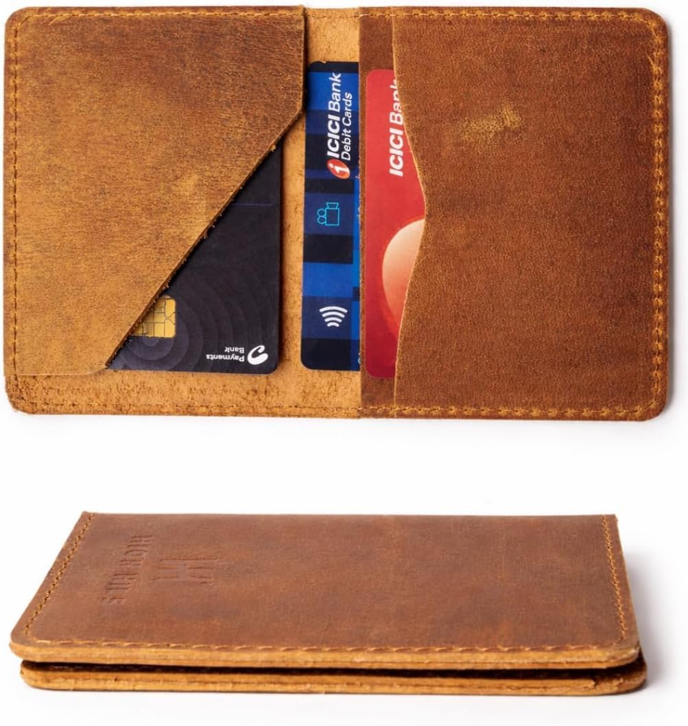 100% Leather Credit Card Holder for Men & Women – Slim Minimalist Bifold Wallet with RFID Blocking, Front Pocket Small Card Case (Antique Brown)