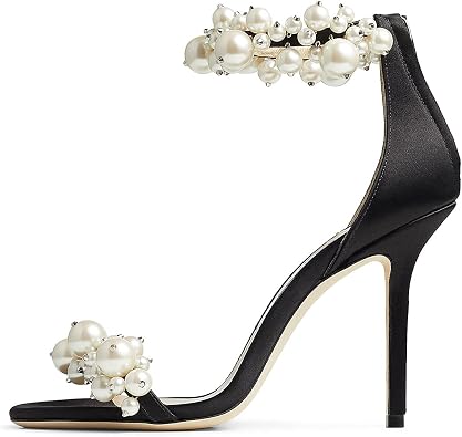 FSJ Women Fashion Dressy High Heel Stiletto Open Toe Pump Sandal Full Pearls Ankle Strap Back Zipper Party Wedding Shoes Size 4-15 US