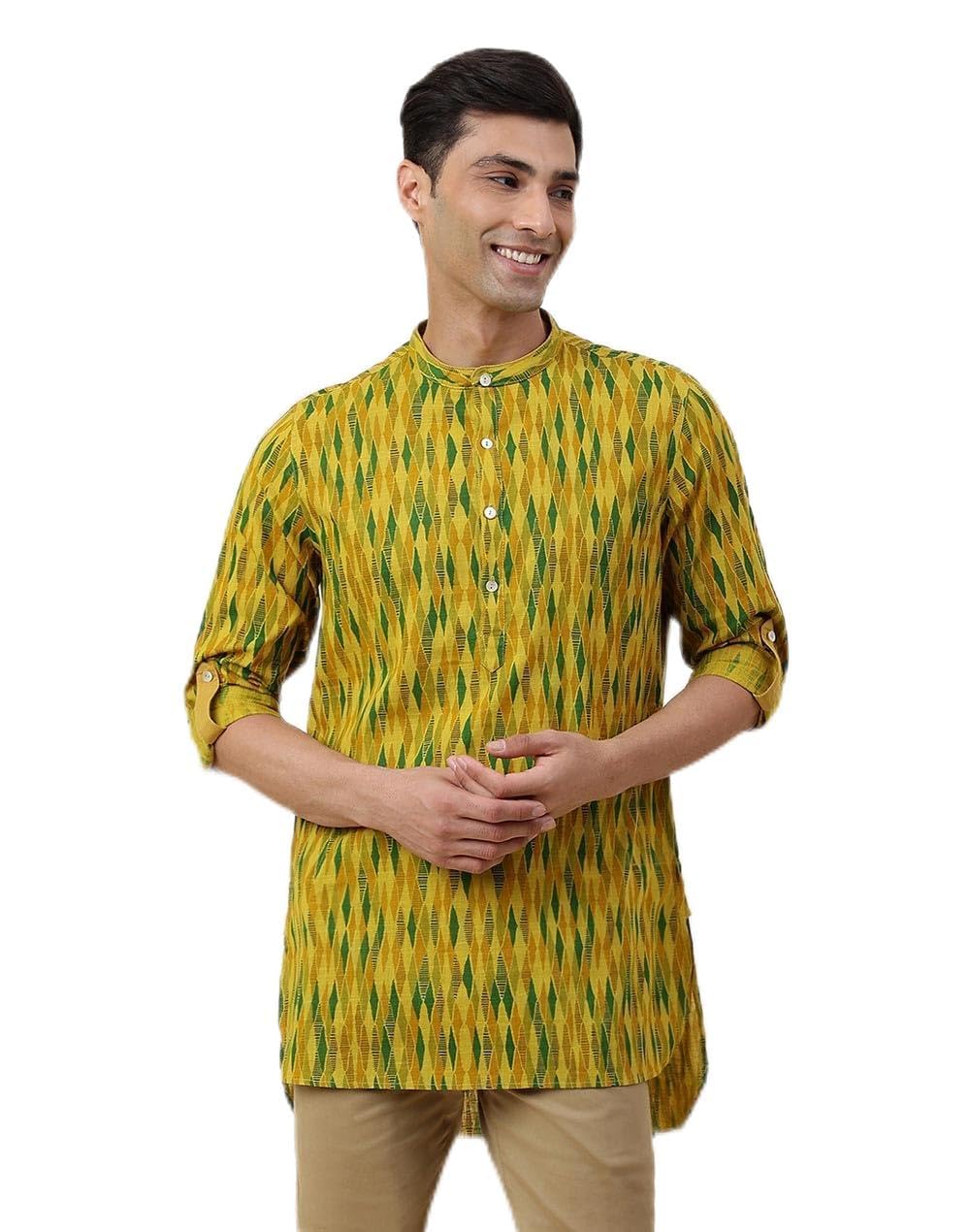 fabindia Yellow Cotton Printed Slim Fit Short Kurta-picture-36