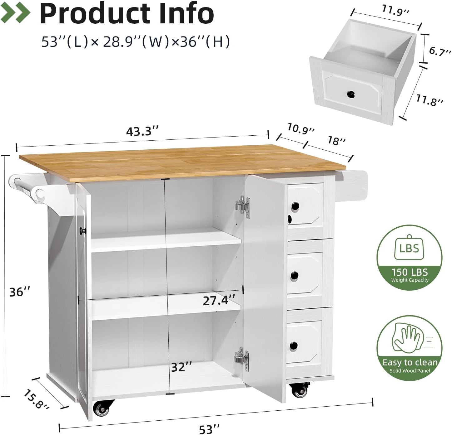 Kitchen Island with Storage, Rolling Kitchen Island Cart with Drop Leaf, Storage Drawers, Spice Rack, and Towel Rack for Kitchen and Dining Room, White