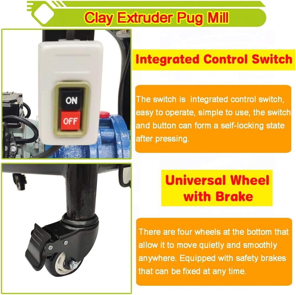 JARYANNIX Clay Extruder 110V, 1.5KW Ceramic Clay Mixer Pug Mill Refiner, 330LB/H Production, 2.36In (60mm) Mud Outlet, Squeeze Machine with Lockable Wheels for Pottery Ceramic Craft