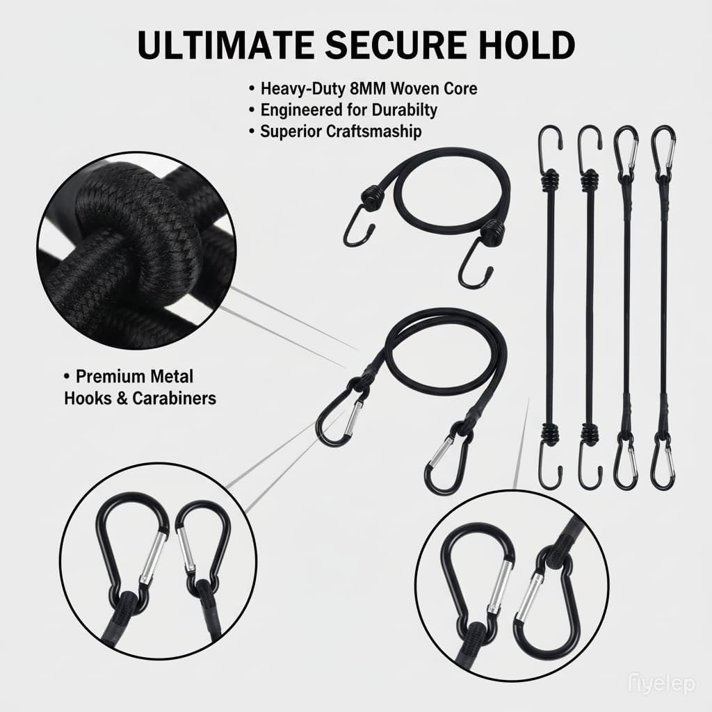 4Pcs 18 Inch Bungee Cords with Hooks & Carabiners - (2 Hooks + 2 Carabiner Clips) - Bungee Cords Heavy Duty Outdoor for Bundling Items, Fixing Tarps and Tents (4pcs 18Inch) image 4