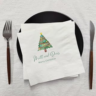 Personalized Christmas Dinner Napkins, White Paper with Custom Names and Holiday Tree Design, Party Table Decorations