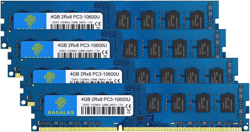 16GB Kit (4x4GB) DDR3 1333MHz PC3-10600 PC3-10600U Non ECC Unbuffered 1.5V CL9 2RX8 Dual Rank 240 Pin UDIMM Desktop Memory Ram Module