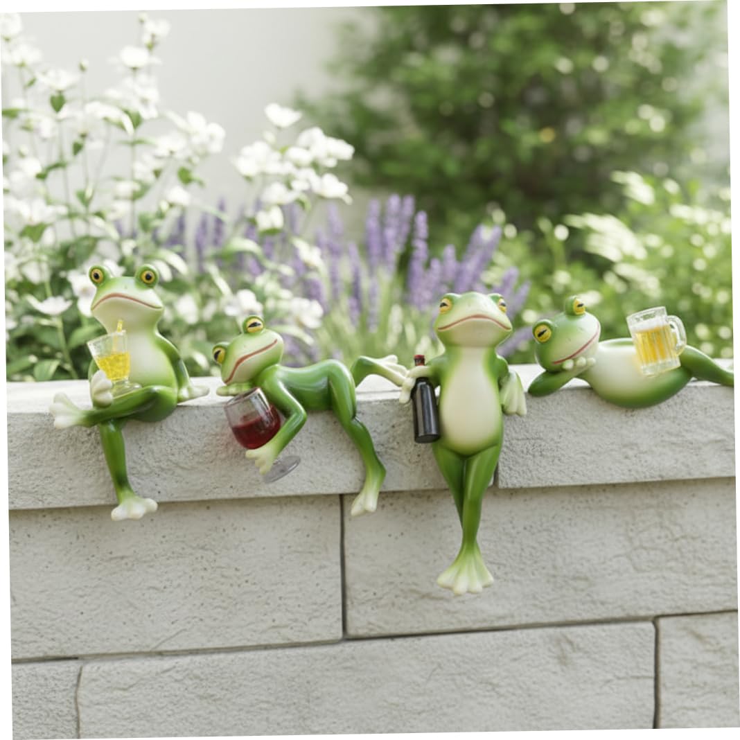 Comebachome Set of 4 Pot Hugger, Cheerful Resin Frog Figurine with Drinks for Plant Decor, Garden & Indoor Frog Decorations, Summer Use