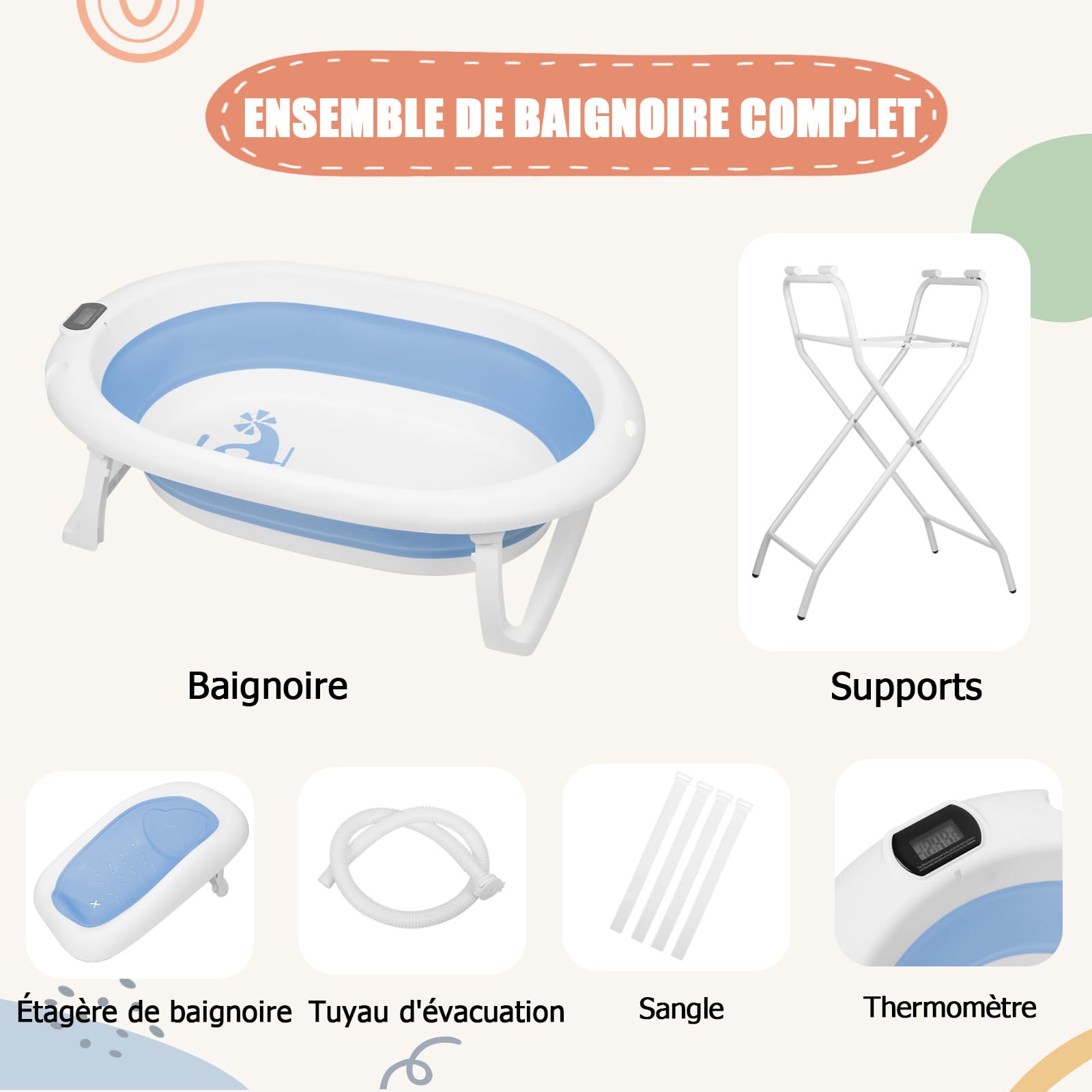 3 en 1 bañera plegable para bebé con manguera de drenaje – termómetro integrado – cojín de baño y correas de sujeción – bañera plegable para bebé escalable – regalo de nacimiento