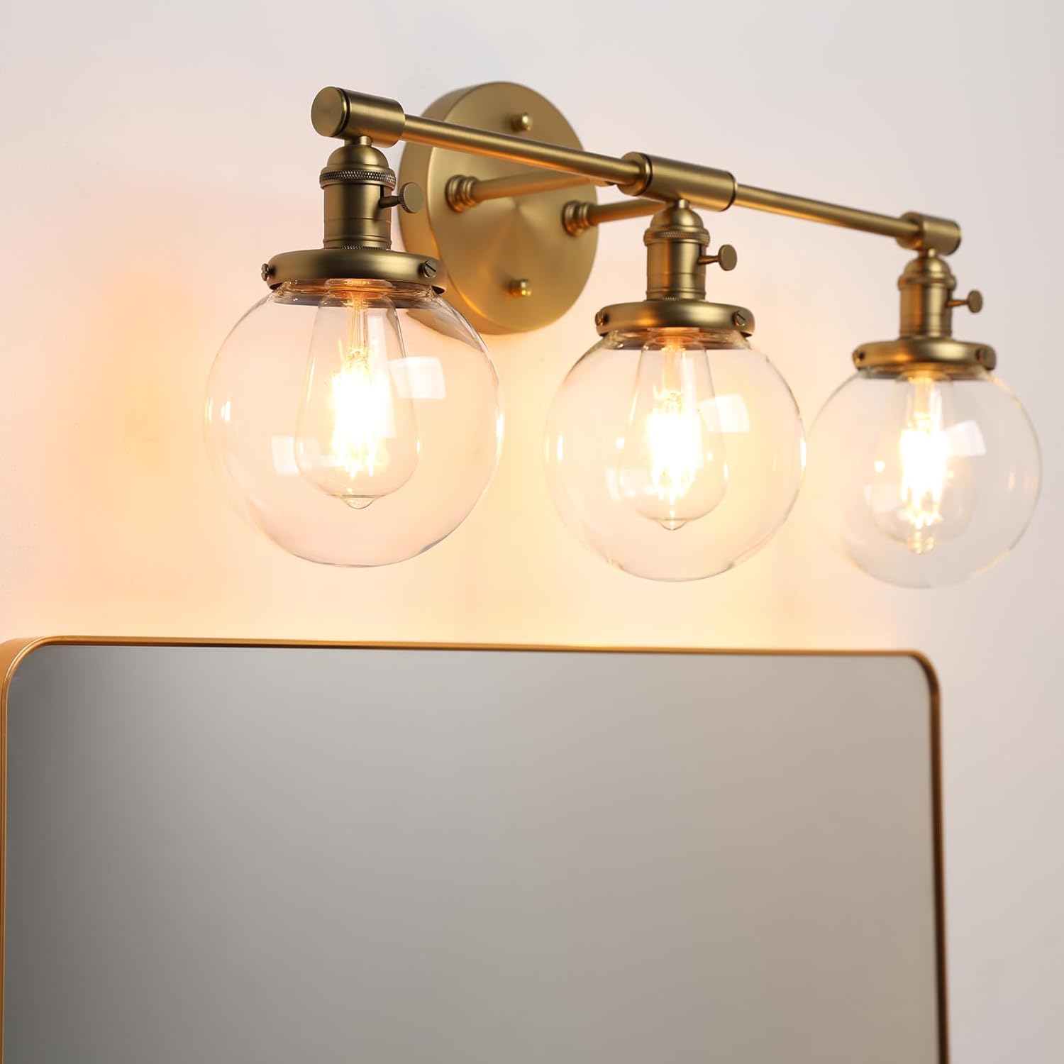 PERMO Bathroom Vanity Light Vintage 3 Light Wall Sconces with 5.9" Round Clear Glass Globe Shade (Antique Gold)