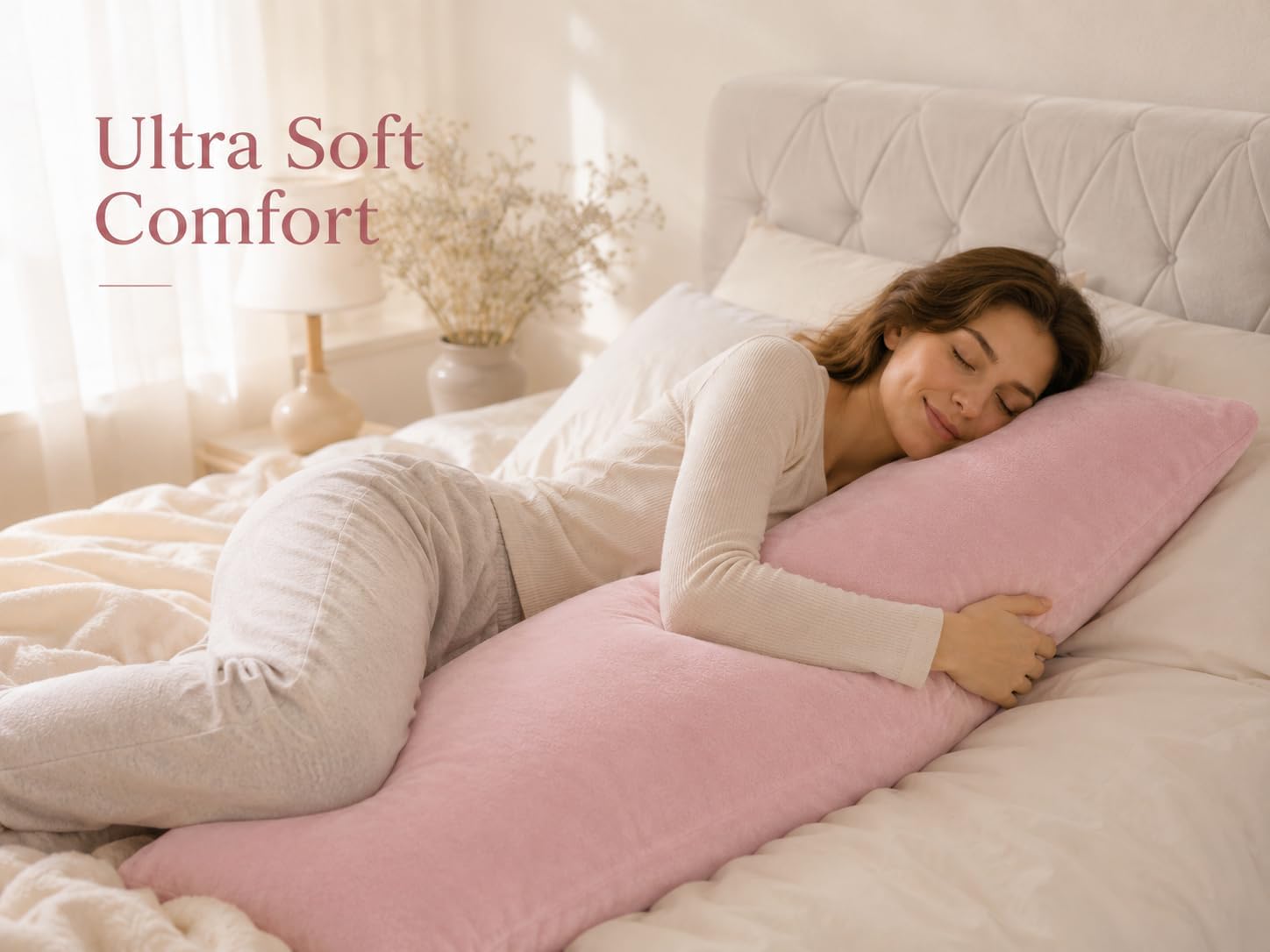 evolive Plush Body Pillow Cover 21"x54", Hidden Zipper, (Pink) | Ultra-soft plush fabric with a hidden zipper provides cozy comfort, a smooth feel, and is machine washable for easy care.