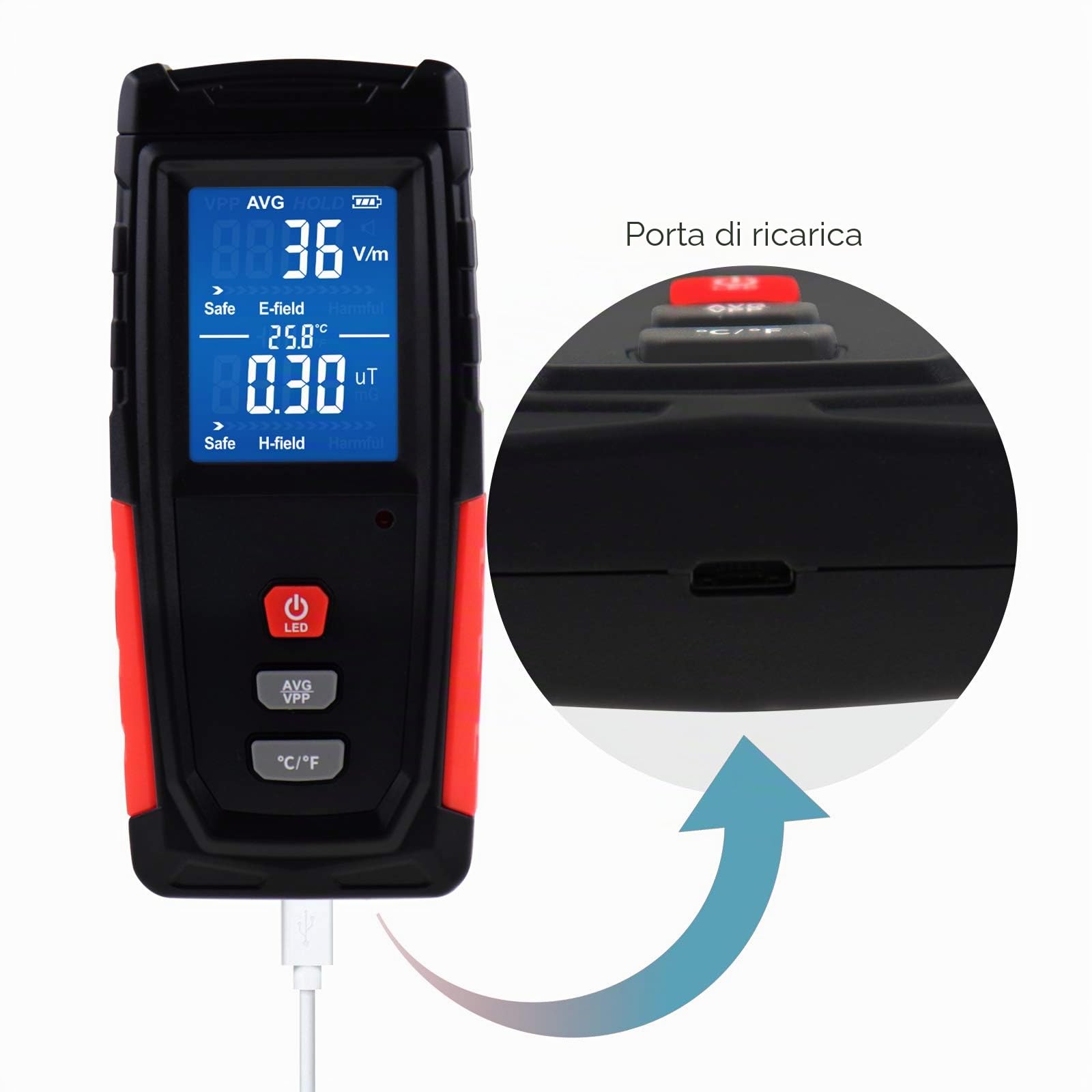 Elettromagnetico Campo Rivelatore, Portatile Digitale LCD Elettromagnetico Campo Rivelatore, Ricaricabile Digitale Elettromagnetico Campo Radiazioni Rivelatore, Adatto per Casa, Ufficio, All'aperto