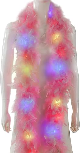 Larryhot Chandelle Boa de plumas rosadas 2 yardas 2.65 oz Colorfu 20 luces LED Boas para fiesta, boda, disfraz de Halloween, árbol de Navidad y