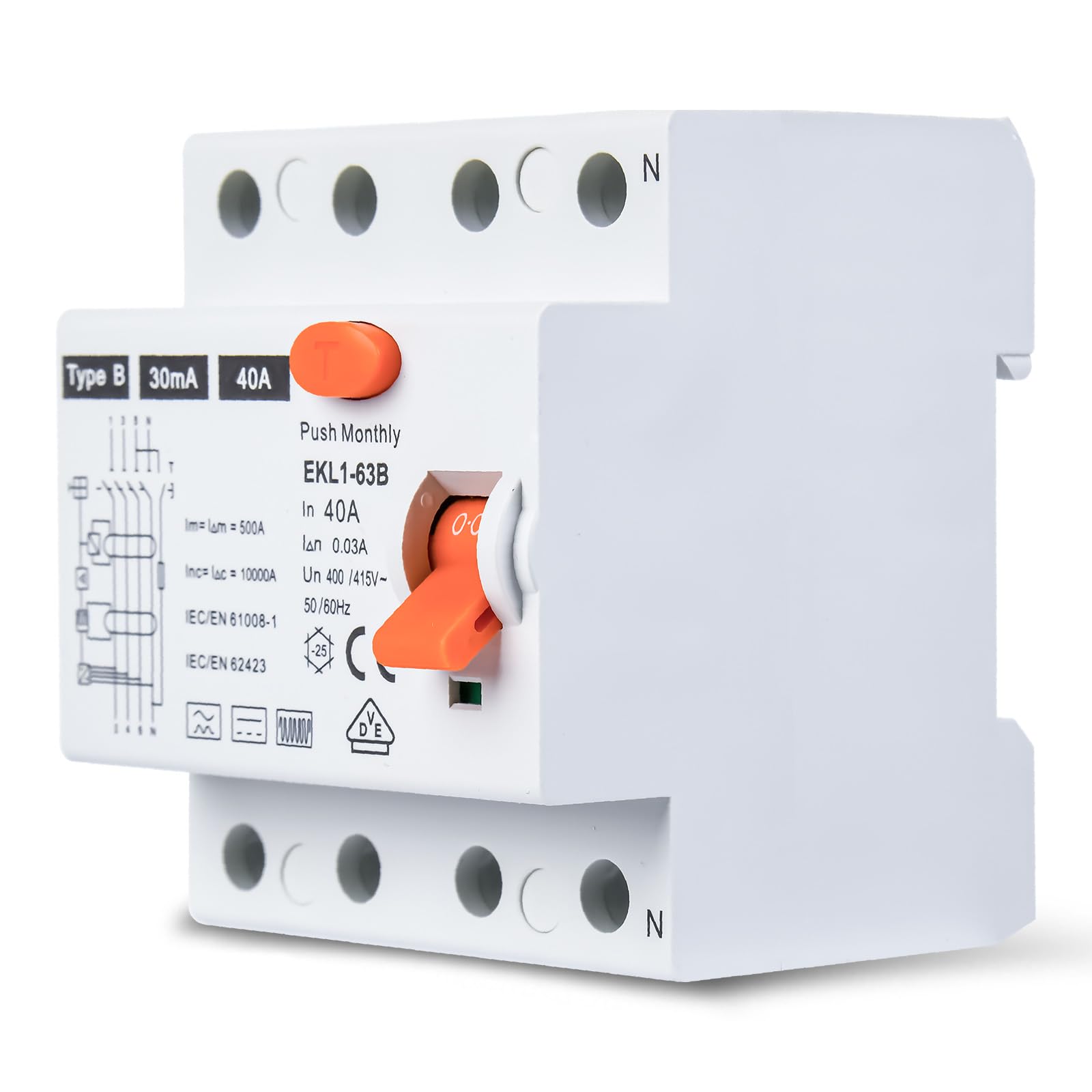 VDE-Zertifizierung FI Schutzschalter 40A 30mA 4P Typ B | Allstromsensitiv RCD | Für Wallboxen & Ladestationen