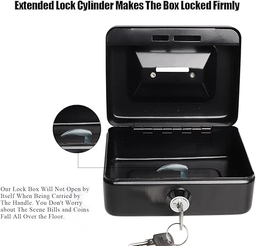 Vista 14 de Jssmst Caja de efectivo con cerradura pequeña, cajas de metal para niños, caja de dinero con ranura en la parte superior, caja de bloqueo negra