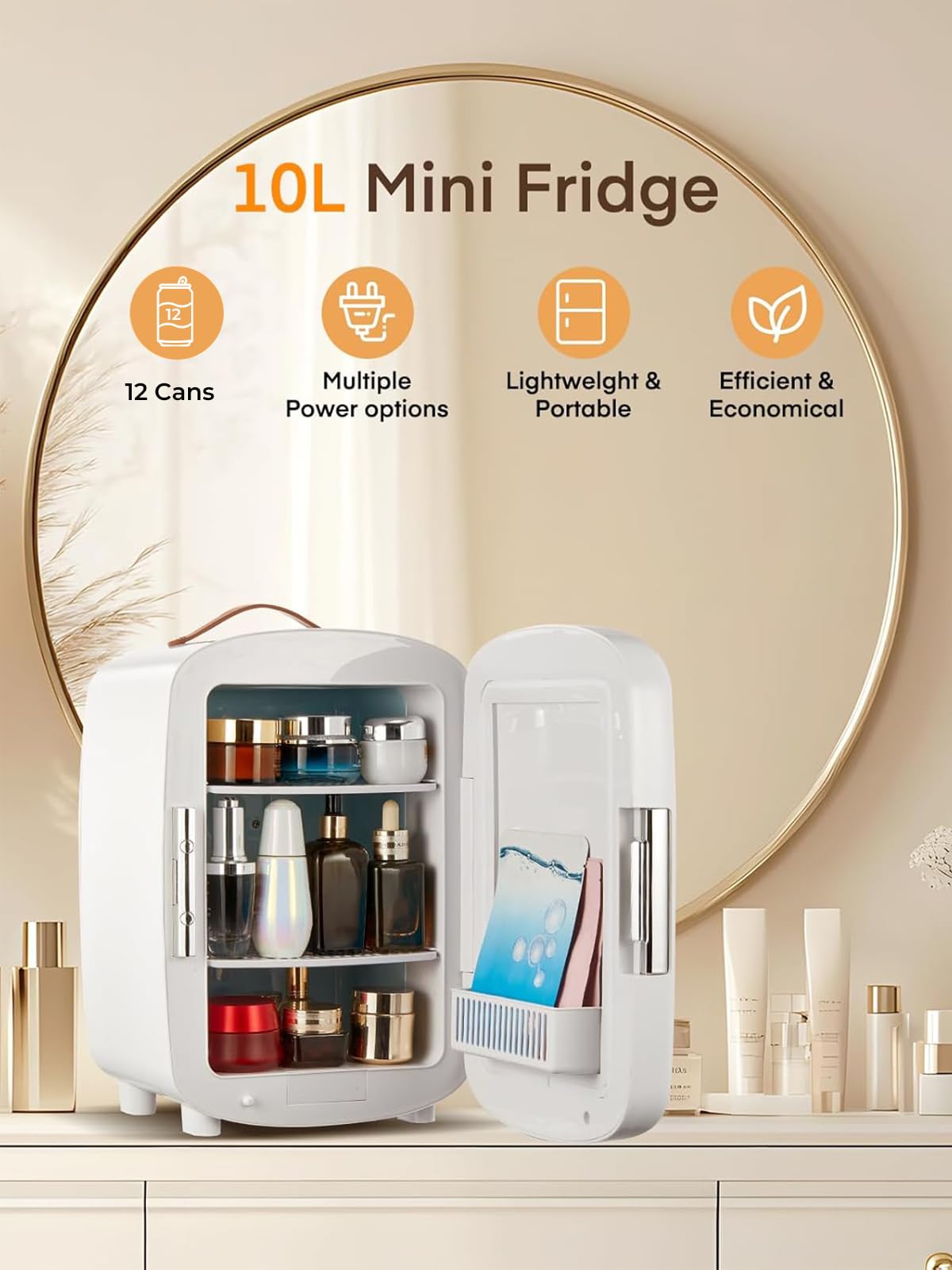 FOHERE Mini Frigo, 10 Litri/12 Lattine Frigorifero Piccolo Portatile, 220-240 V AC/DC, per camera da letto, cura della pelle, bevande, ufficio, dormitorio e auto, Bianco