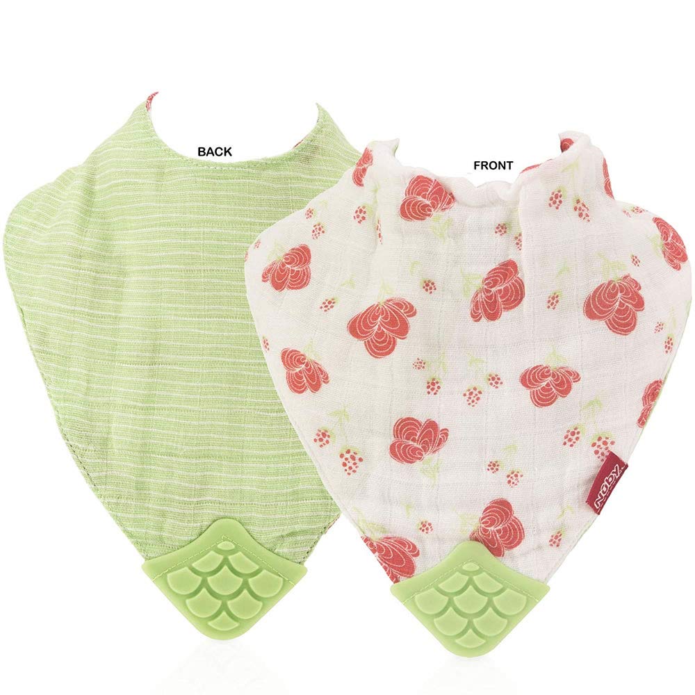 Nuby Reversible 100% Natural Cotton Muslin Teething Bib, Flamingo, Flowers, Pink, Green, 2 Count