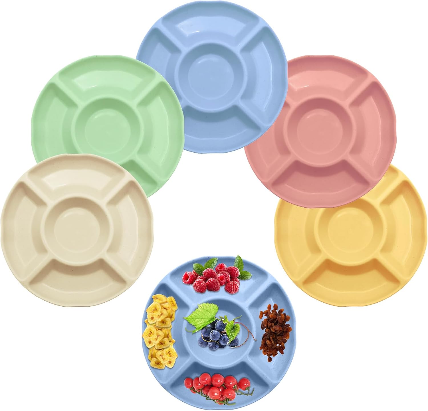Pack of 5 Snack Plates with 5 Compartments, Children's Plastic Candy Plates, Snack Bowl, Fruit Plate, Plastic Snack Plate, Plate with Dividers, Stackable Snack Bowl