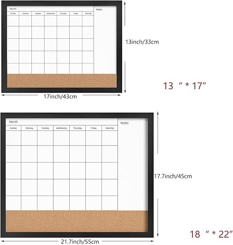 Miniatura 2 de Calendario mensual pizarra blanca de borrado en seco y tablero de anuncios de corcho, marco de madera negra de 13 x 17 pulgadas, superficie