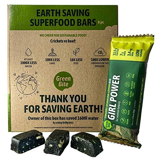 Girl Power Protein Bars Low Calorie High Protein, Meal Replacement Bars for Weight Loss, Vegan Protein Snacks, Iron-Rich Protein Bars, No Sugar, Chicory Spirulina Lemon Flavor, Pack of 8 - Green Bite