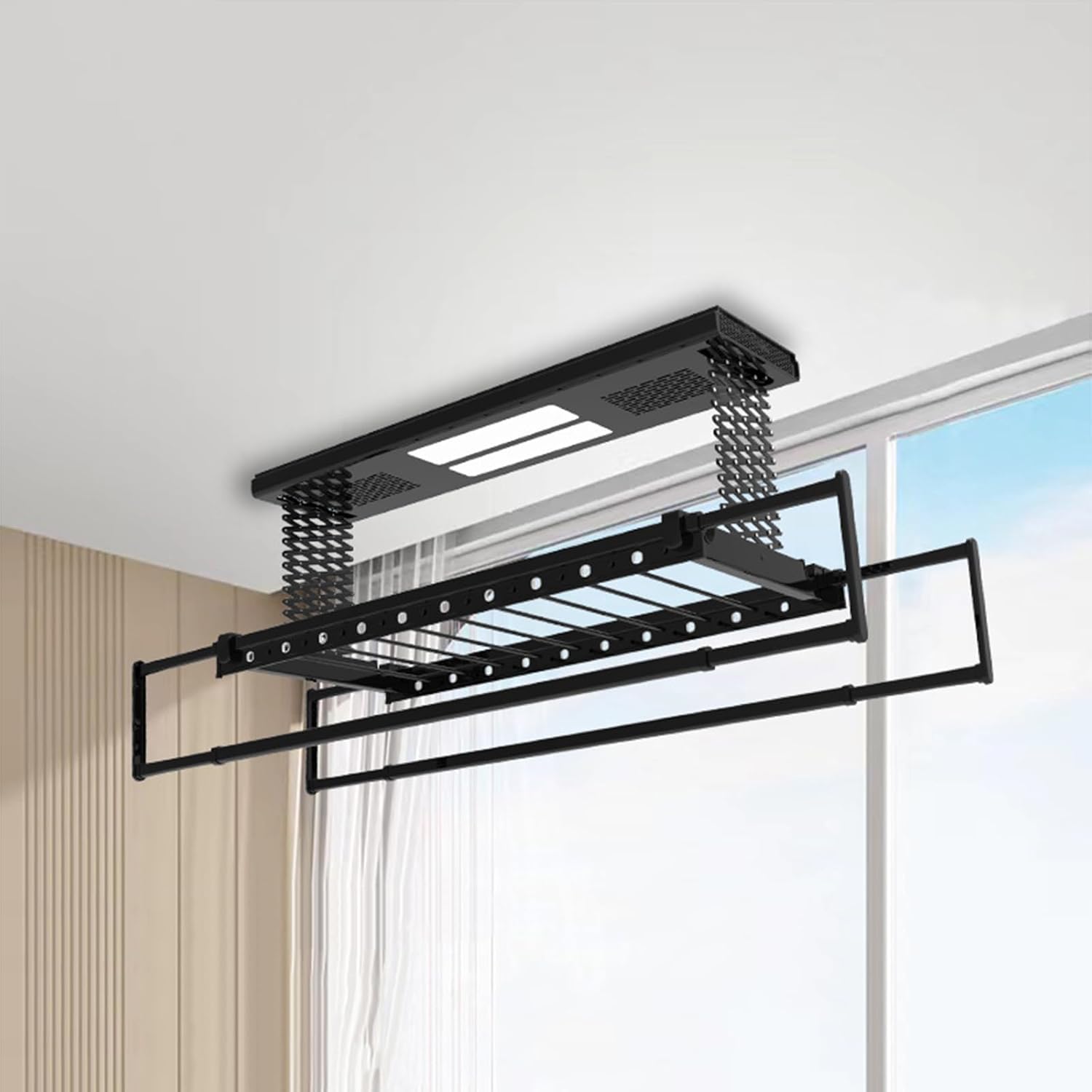 Ceiling Clothes Dryer Aluminium and Steel Electric Clothes Dryer with Remote Control,Black, Electrical Drying Rack Multifunctional Ceiling Clothes Drying Rack Ceiling Clothesline Adjustable