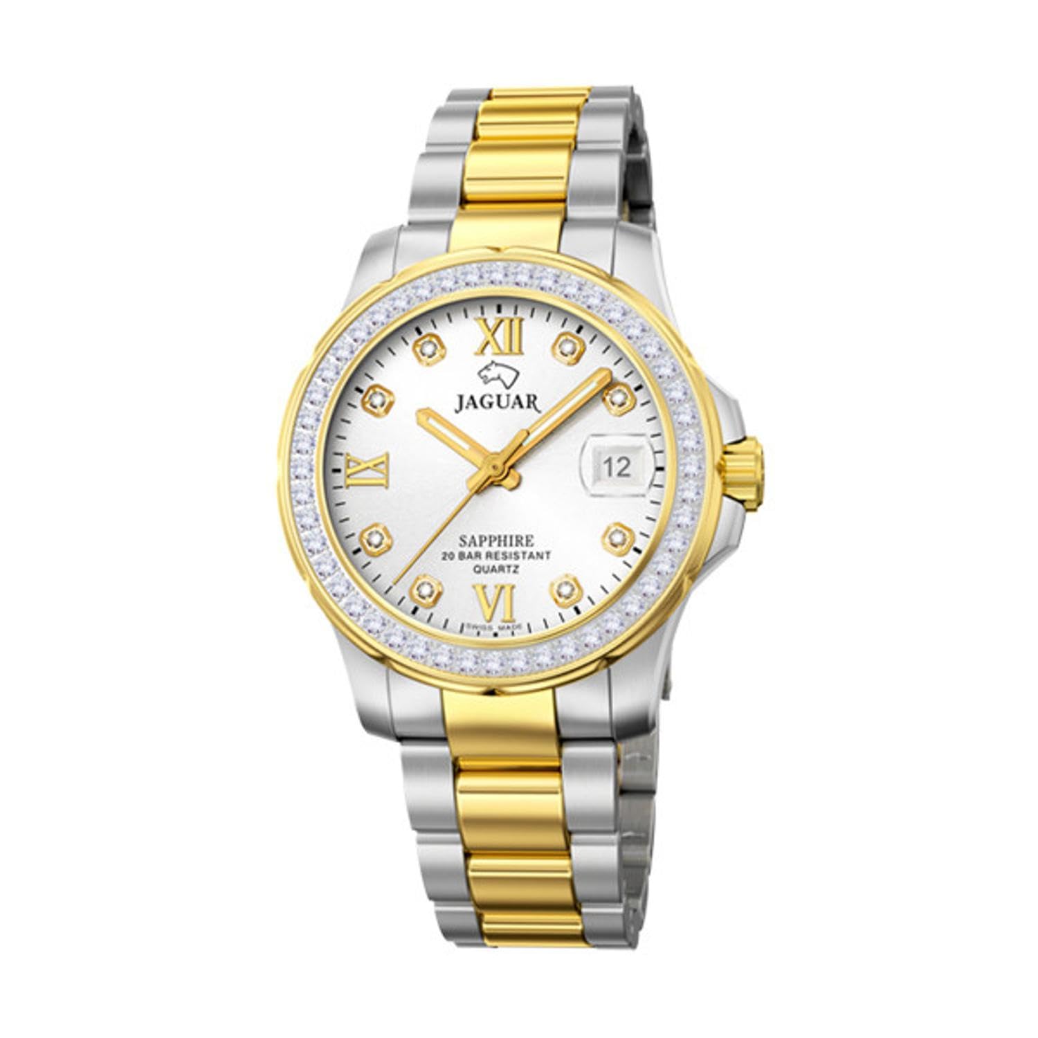 JAGUAR J893/1 zegarek damski z kolekcji Woman, 34,5 mm, srebrna obudowa z dwukolorowym paskiem ze stali