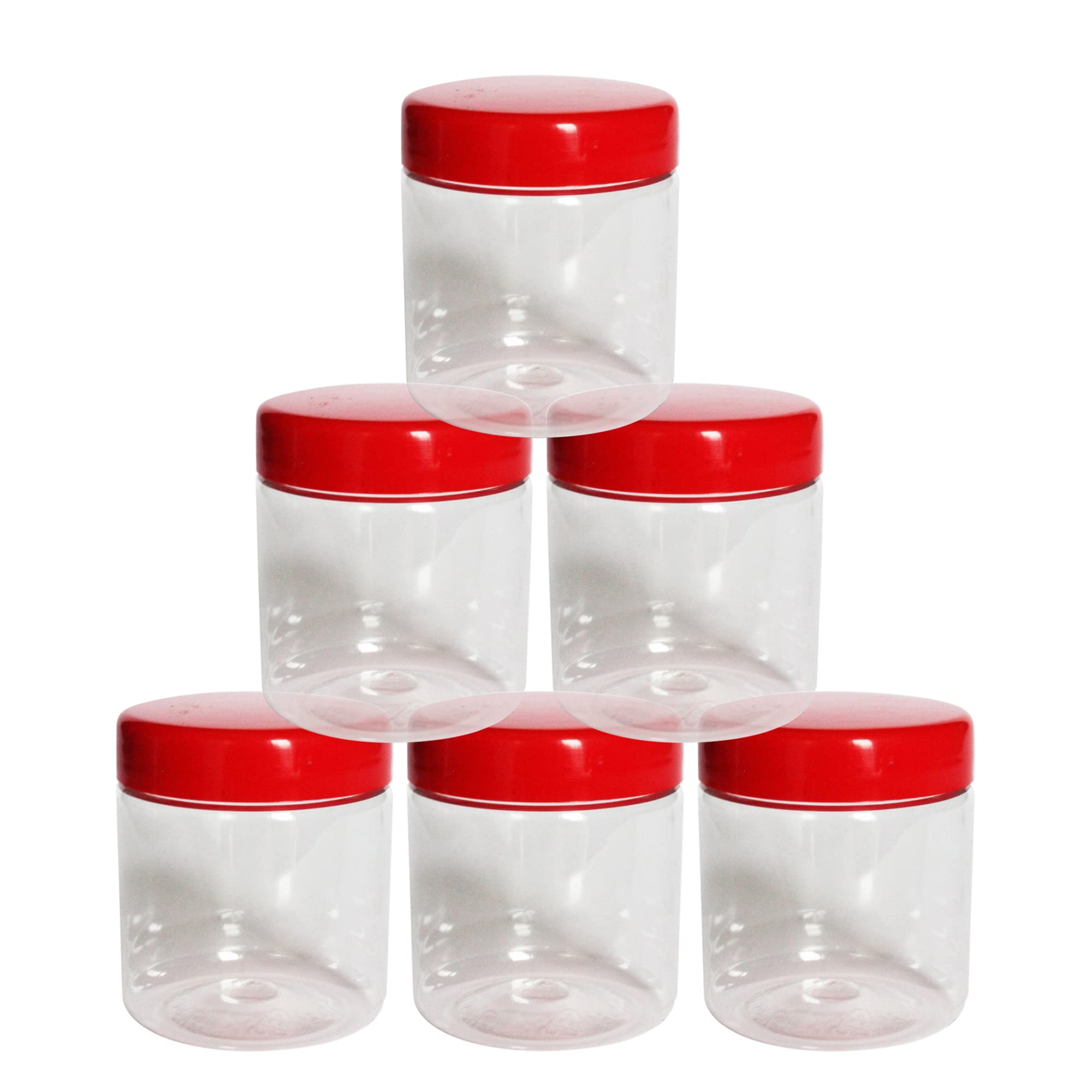 Pemienterprize Ltd(Pack of 12) - 100 ML Plastic Storage Round Pet Jars with Airtight Red Screw Top Lids Clear Storage Containers Set Bottle jars Kitchen Food Storage Canister