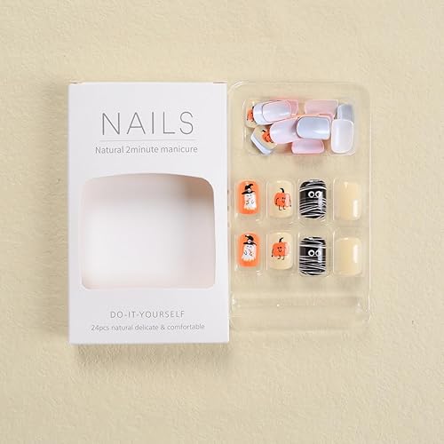 Miniatura 4 de Uñas postizas a presión de Halloween con diseños de calabaza, fantasma, Halloween, uñas postizas cortas de color naranja brillante, uñas cuadradas