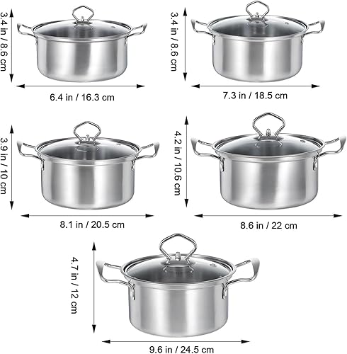 Miniatura 2 de Juego de 5 ollas de sopa de acero inoxidable con tapas de vidrio, utensilios de cocina de inducción, ollas grandes y pequeñas, ollas de cocina de