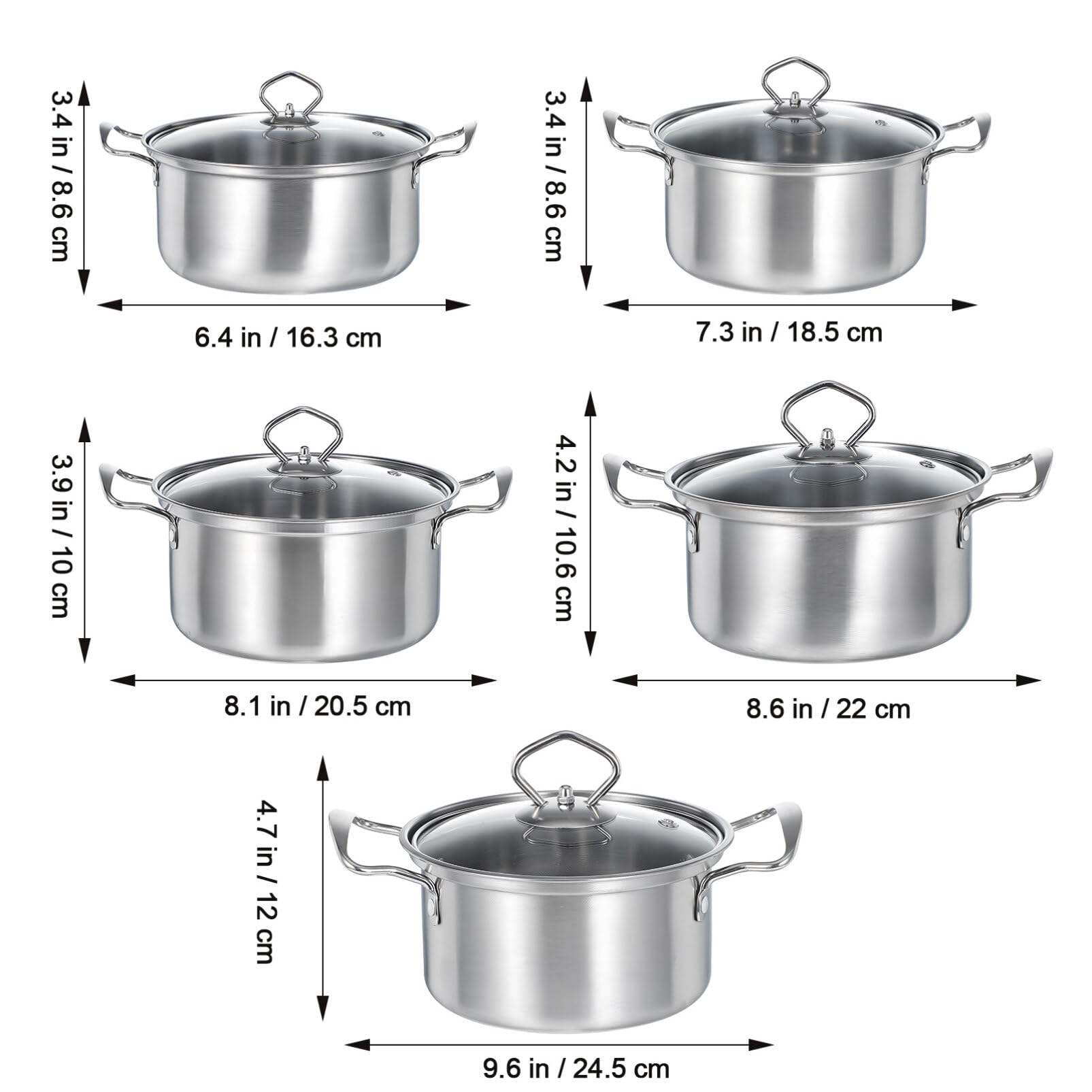 MAGICLULU Juego de 5 ollas de acero inoxidable con tapas de vidrio, utensilios de cocina de inducción, ollas de cocina grandes y pequeñas, doble asa, suministros de cocina versátiles para guisos y