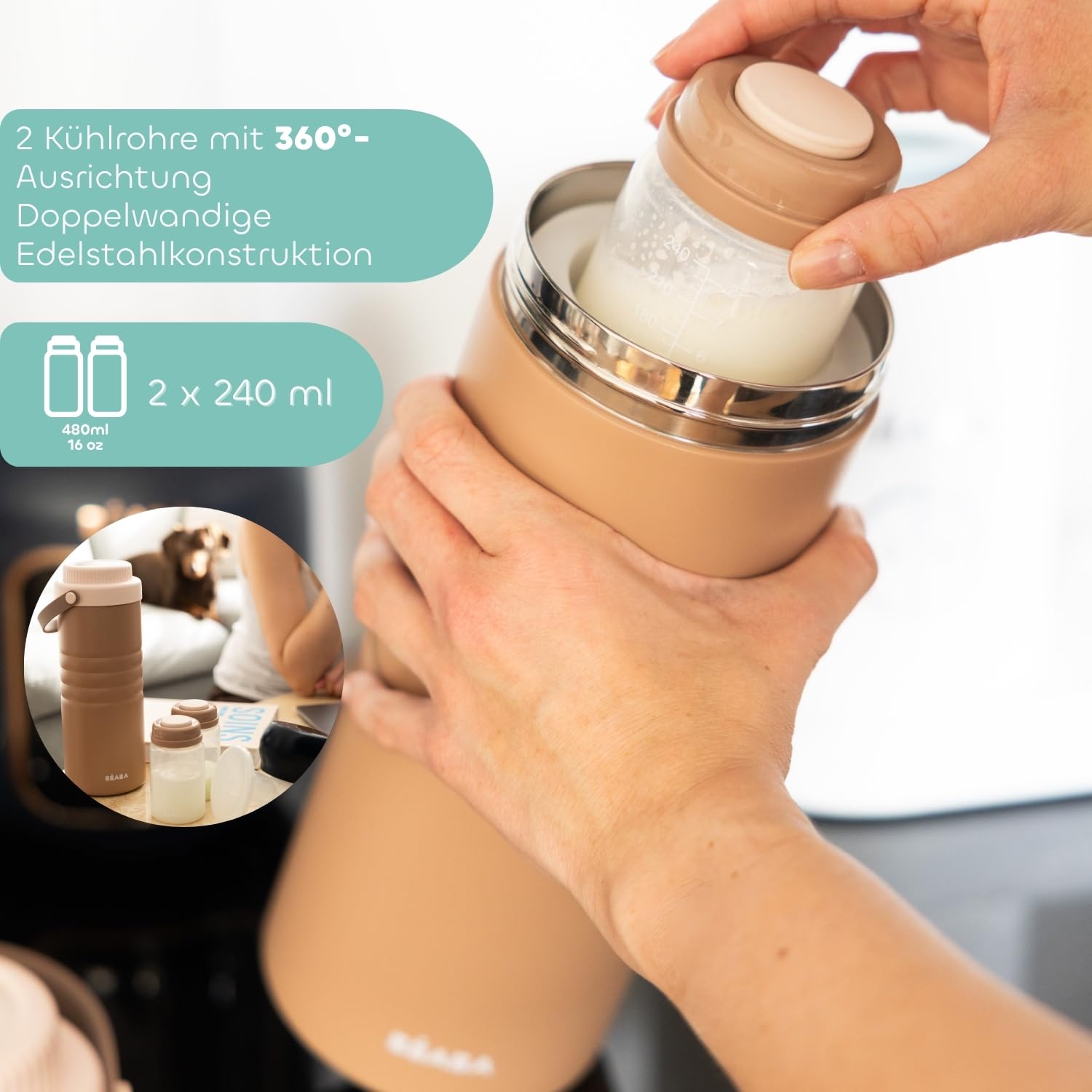BÉABA, Mobiler Muttermilch-Kühler, bis zu 24h Kühlung ohne Strom, Edelstahl-Thermobehälter, 360° Kühlröhren, Transport & Lagerung, 480 ml, Milk Cooler, Pralin