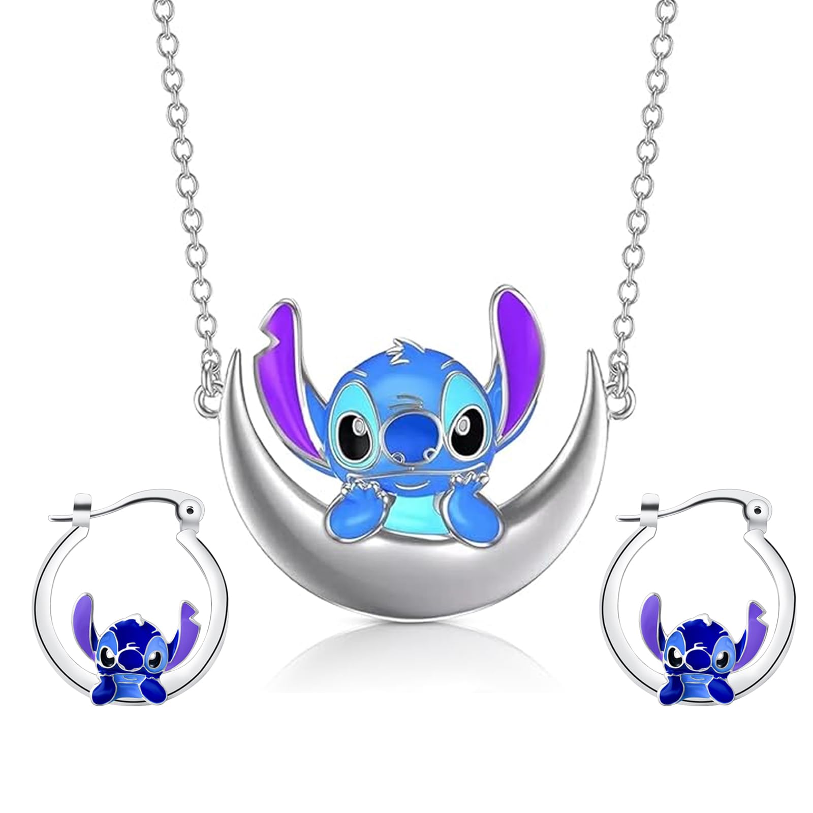 ATOWORLDStitch Necklace for Girls Women and Earrings Hoop Stud Set Christmas Gifts Stud Earrings Ladies Kids Necklaces Cartoon Anime Earrings Blue Cute Necklaces for Teenage Girls Friendship Necklace