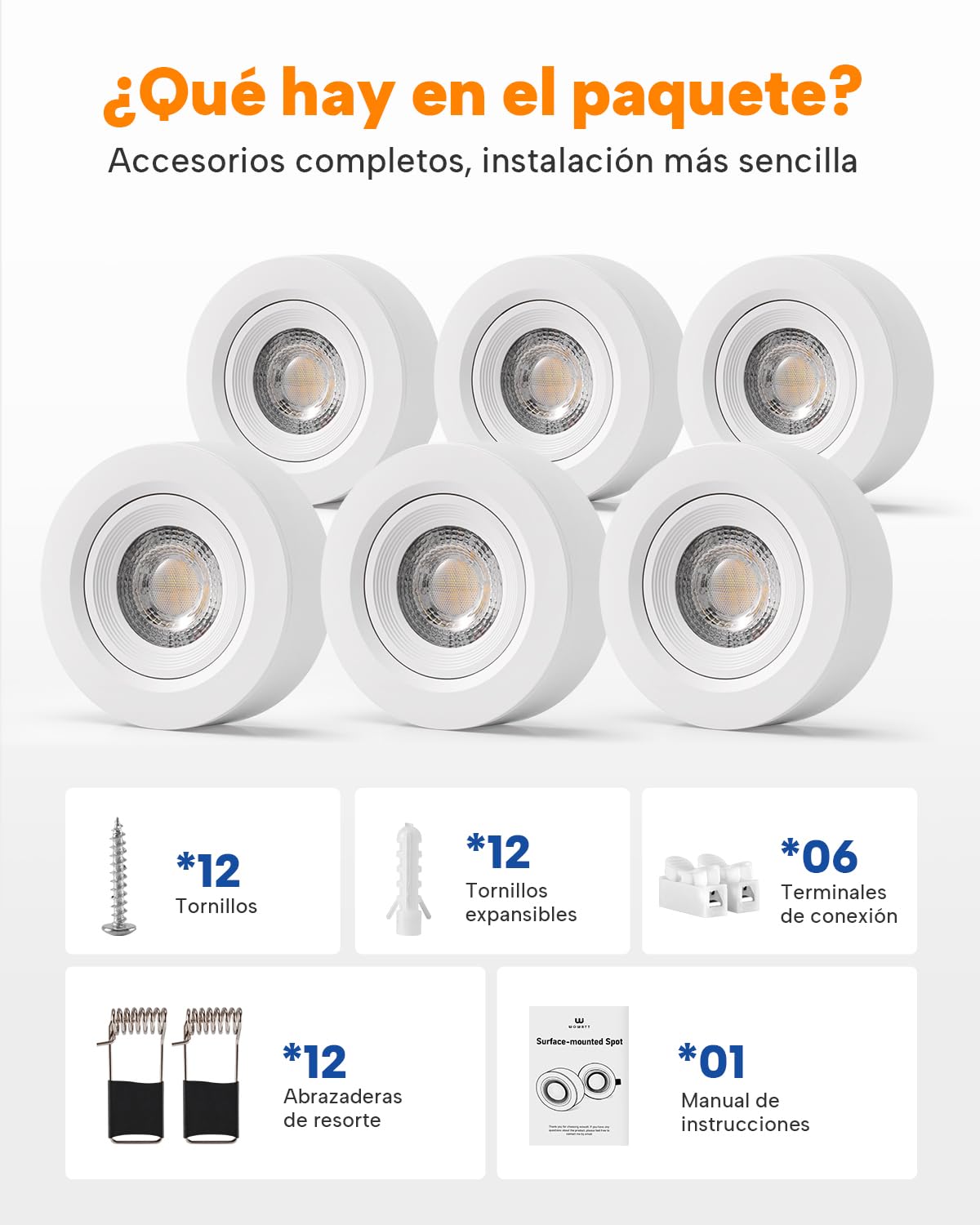 wowatt 6 Piezas Focos LED Interior Techo Superficie Blanco, Orientables 30° | 30mm x 92mm, 220-240V, Focos Superficie Techo Regulables Luz Calida Luz Neutra Luz Frío, 5.5W, 550LM, Plástico, Redondo