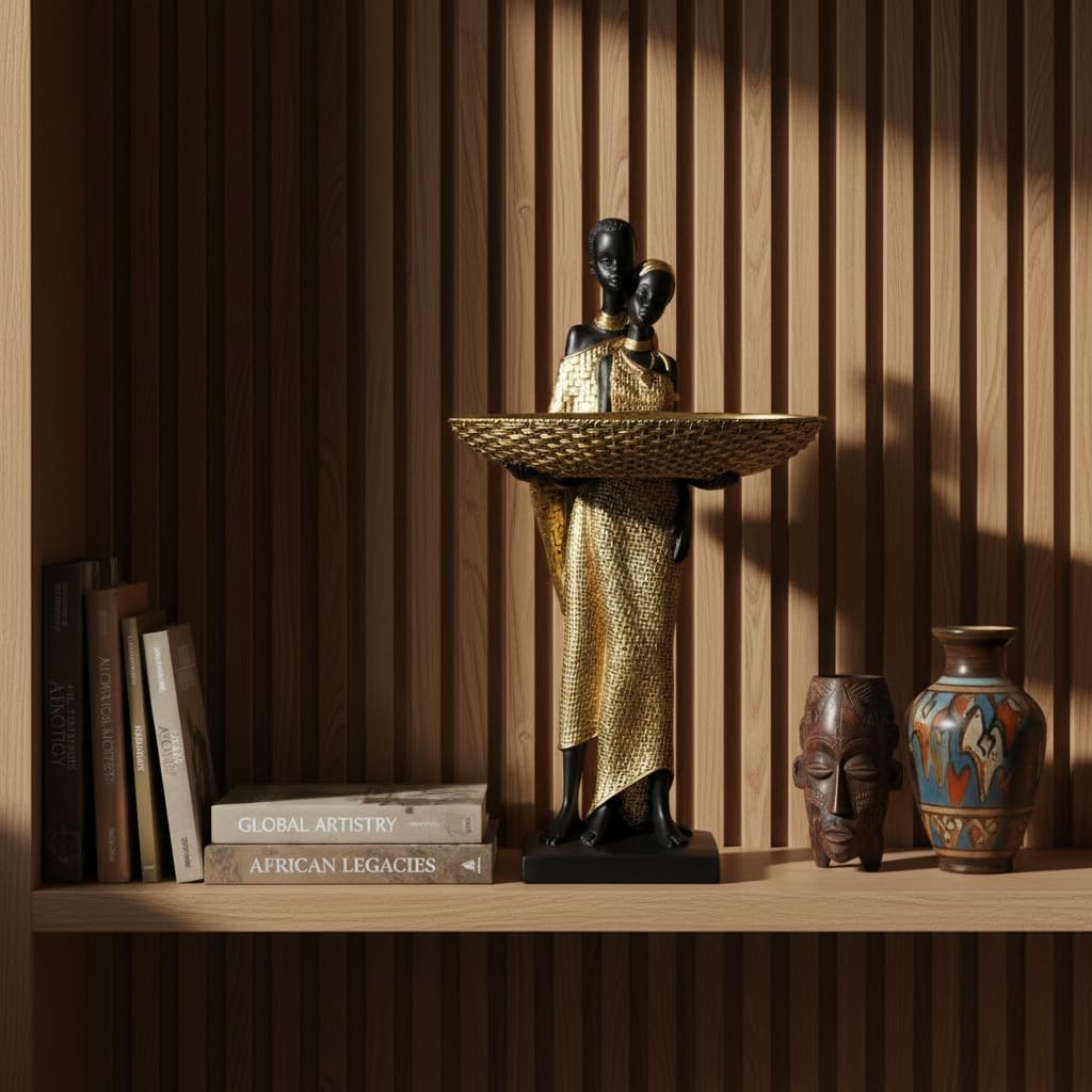 Lescafita Afrykańskie posągi i rzeźby do wystroju wnętrz, 38 cm, plemienne figurki artystyczne do dekoracji salonu, złoty vintage estetyczny ornament na półkę z książkami i stoły, prezenty na