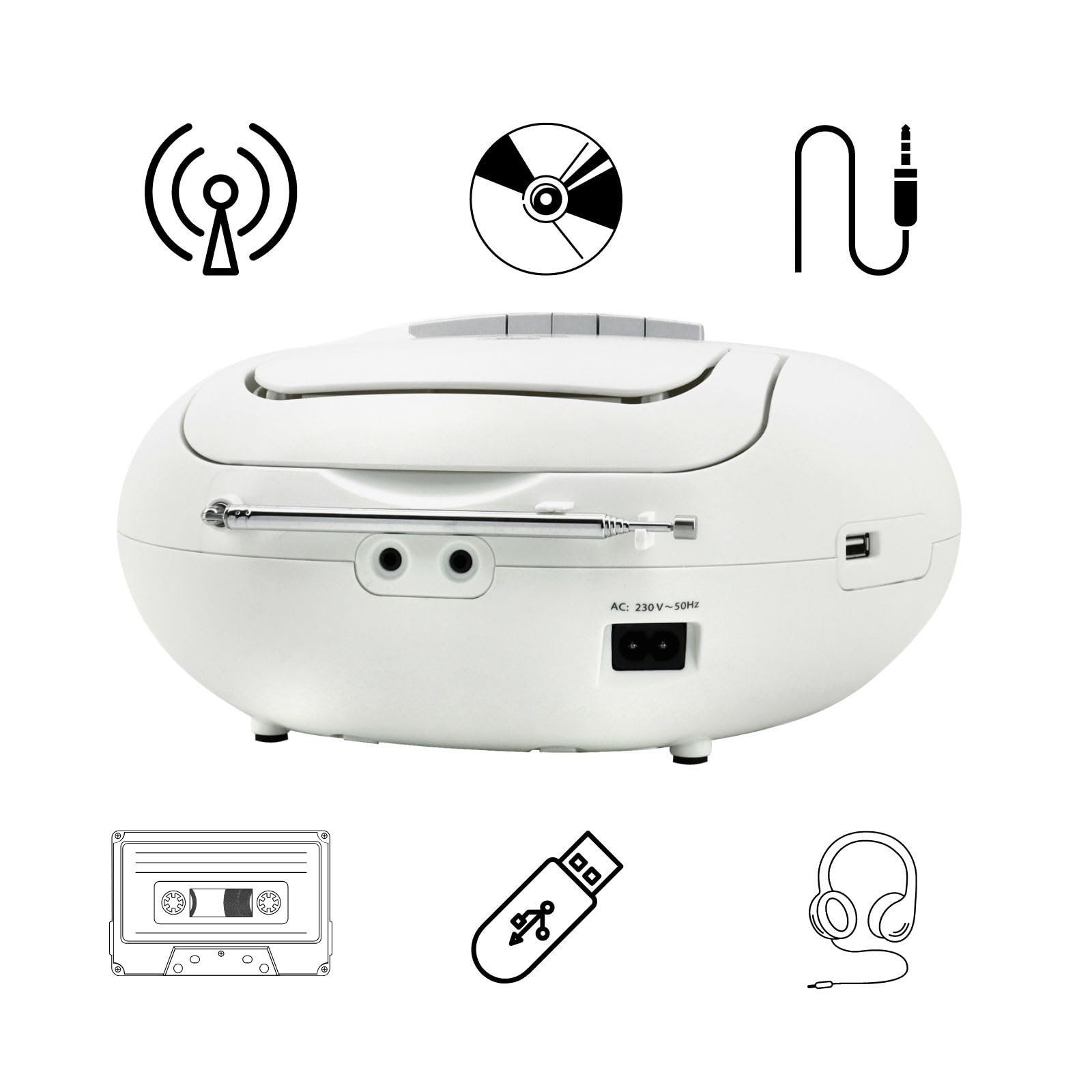 Soundmaster SCD7800 tragbares Digitalradio CD-Player Kassettenspieler Hörbuchfunktion DAB+ UKW-Radio USB-Anschluss Kopfhöreranschluss (weiß)