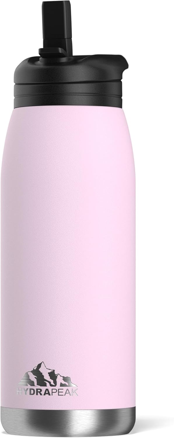 Hydrapeak Flow Bouteille d'eau isotherme avec couvercle à paille, bouteille d'eau en métal, bouteille d'eau isotherme en acier inoxydable, sans BPA et anti-fuite, paille et poignée (nuage
