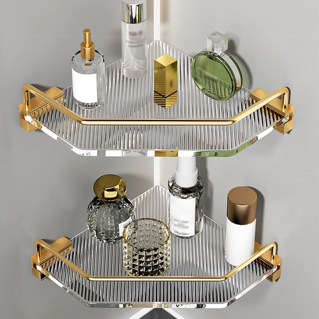 WDSOPK Acrylic Corner Shower, No Drilling, Large Capacity For Cosmetics & Shampoo, Wall Mount Kitchen For Condiment Bottles, Gold Color, 1 Piece,Oro-2 Layer (Oro 2 Layer)