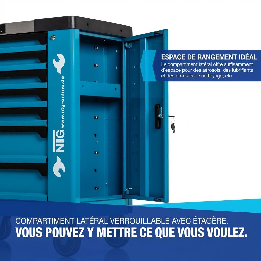 NTG Chariot à outils + outils + 7 tiroirs, 252 pièces, verrouillable, dont 6 avec outils, avec inserts souples en aspect carbone, tiroirs remplis, servante d'atelier, boîte à outils