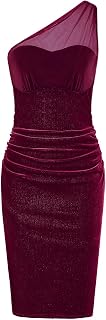 Women's 2023 Mesh One Shoulder Ruched Bodycon Midi Velvet Dress Sleeveless Club Party Cocktail Short Dresses