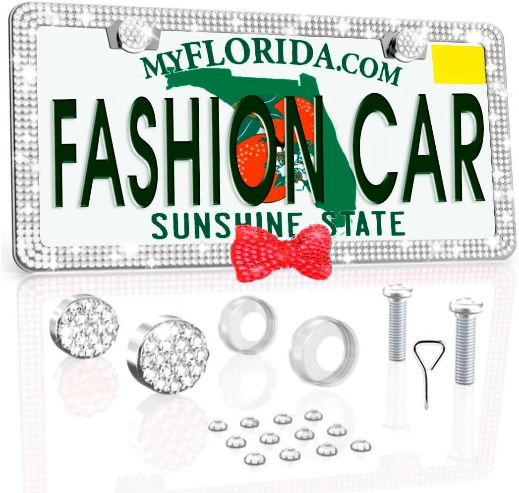 Fashion Car Ultra Bling Fashion License Plate Frame Cover Shiny Especially Brilliant. Stainless Steel Bright Rhinestones. Shiny (White Bow Red)